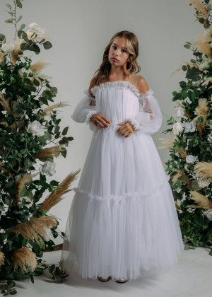 White Tulle Slit Back Flower Girl Dress